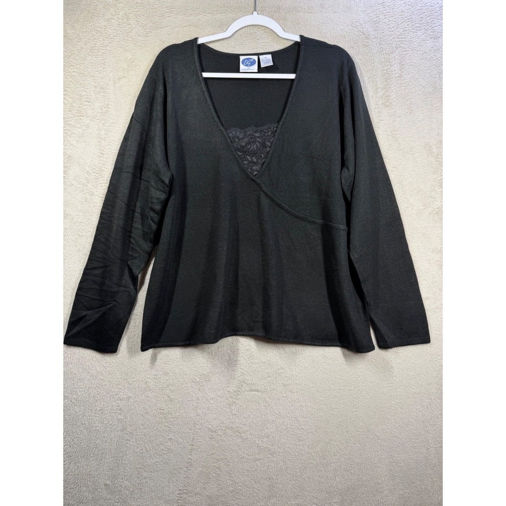DG2 Diane Gilman Faux Wrap Sweater Womens 2X Black Lace Trim V-Neck Soft Knit